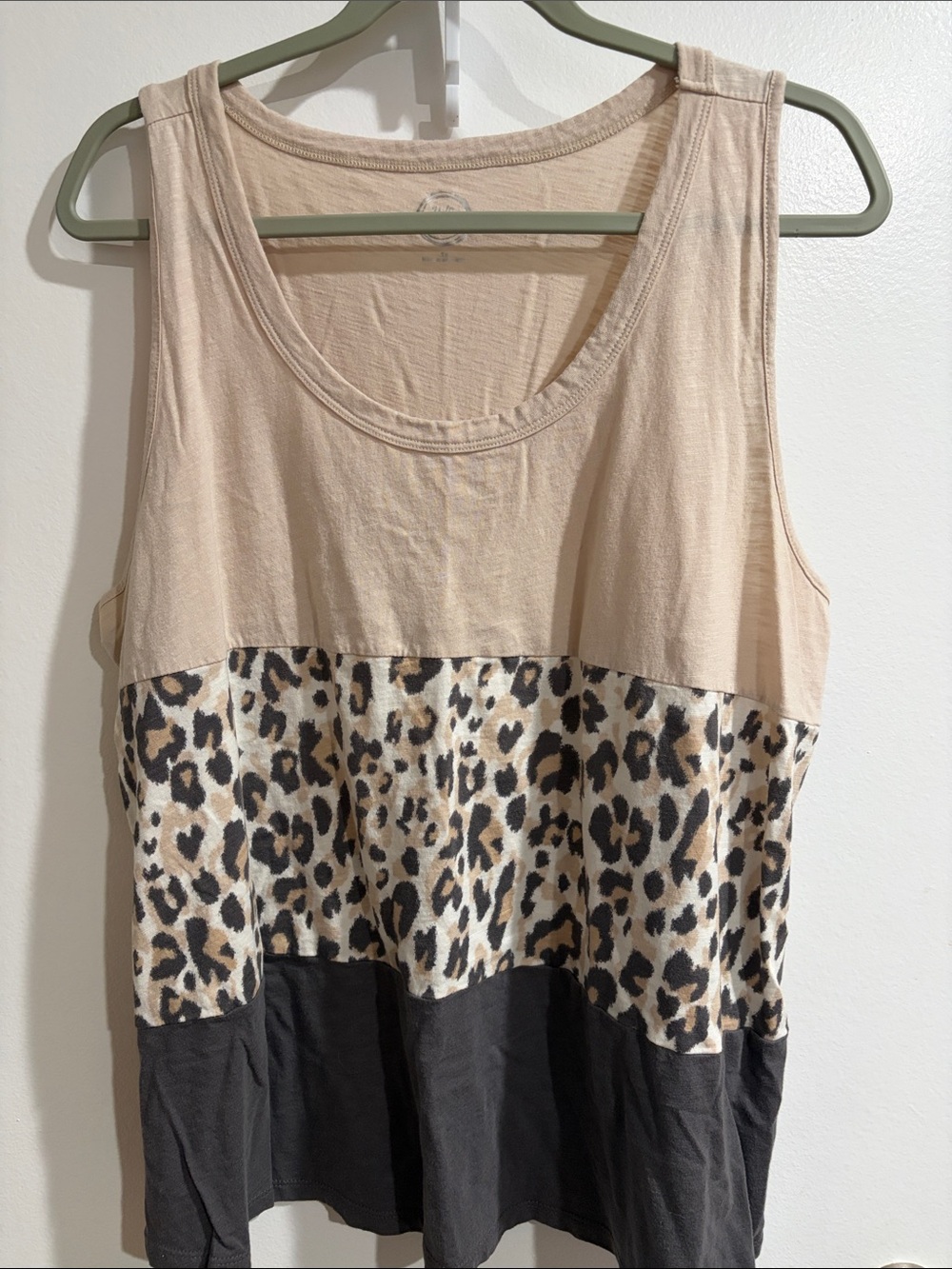 Cream Leopard Colorblock Tank Top with Black Hem
